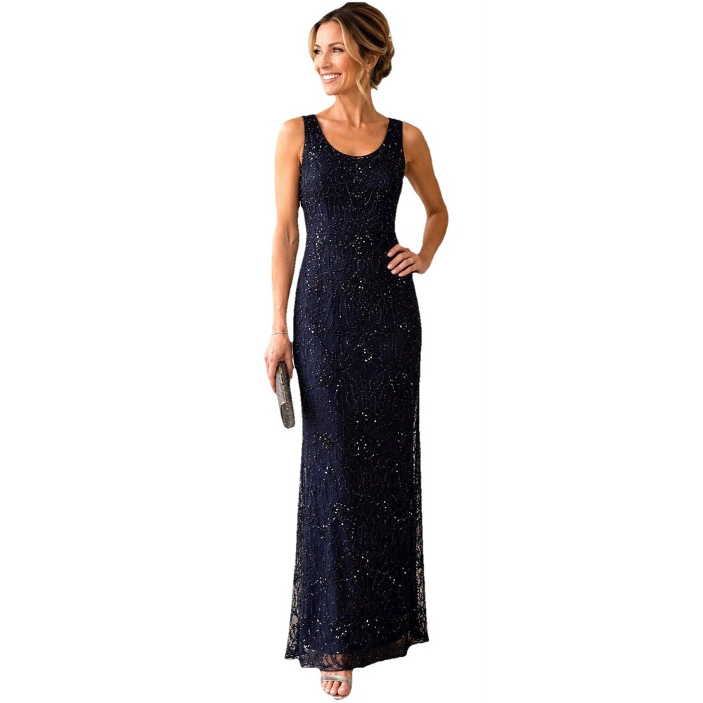 Pisarro Nights Dress Womens 4P Navy Beaded Sequin Mesh Sleeveless Evening Gown